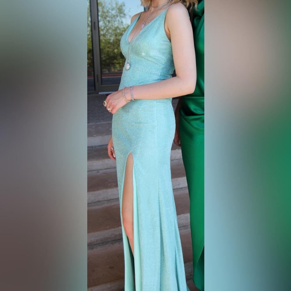 Dilliards Prom Dress- Light Aqua Sparkly Long Dress with front side slit- size 3